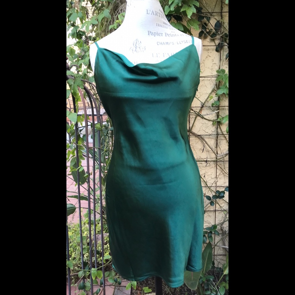 Nasty Gal NWTs Cowl Neck Satin Mini Dress Dark Green USA Sz 6